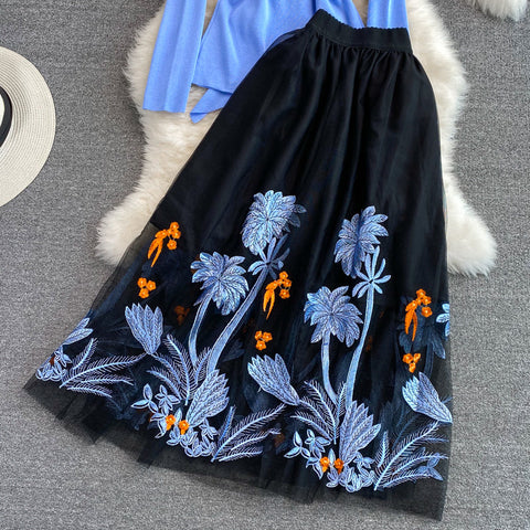 Autumn Spring Blue Knit Tops and Embroidery A-line Midi Skirt Two piece Sets Women Runway Design Fashion Knit Set Suit M69511