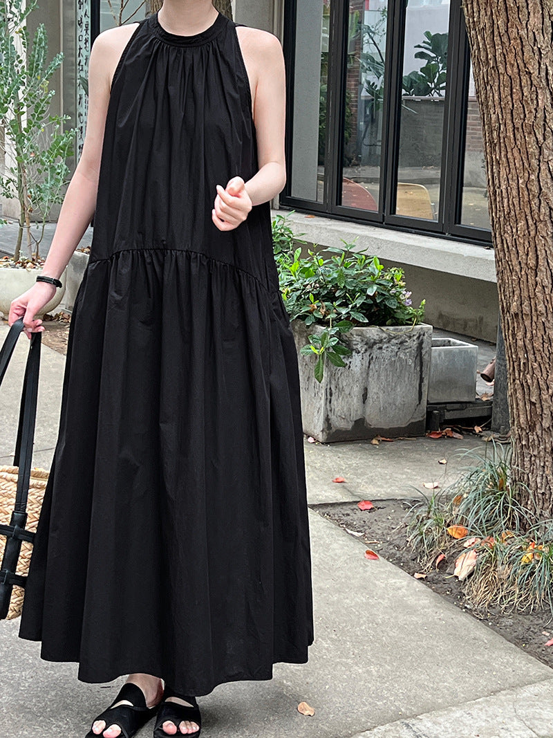 Relaxed lazy sleeveless halter dress summer temperament large swing off-shoulder suspender dress