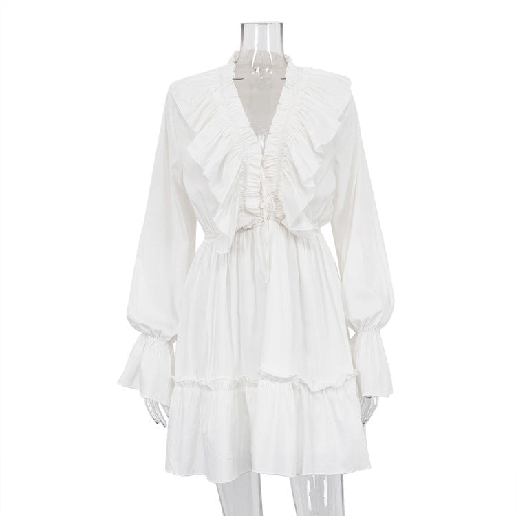new fashion V-neck pleated trumpet sleeve ruffled white dress spring women's design fluffy skirt