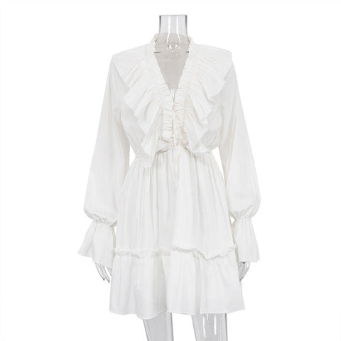 new fashion V-neck pleated trumpet sleeve ruffled white dress spring women's design fluffy skirt