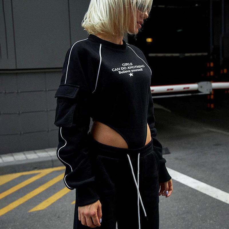 Black Bodysuit with sleeve pocket and raglan print