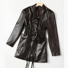 Oversized pockets and roped long leather jacket coat
