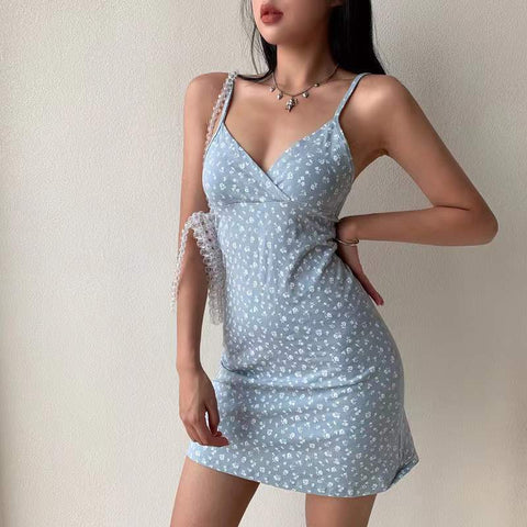 pure desire retro printed v-neck suspender dress female summer new floral suspender dress women's clothing foreign trade