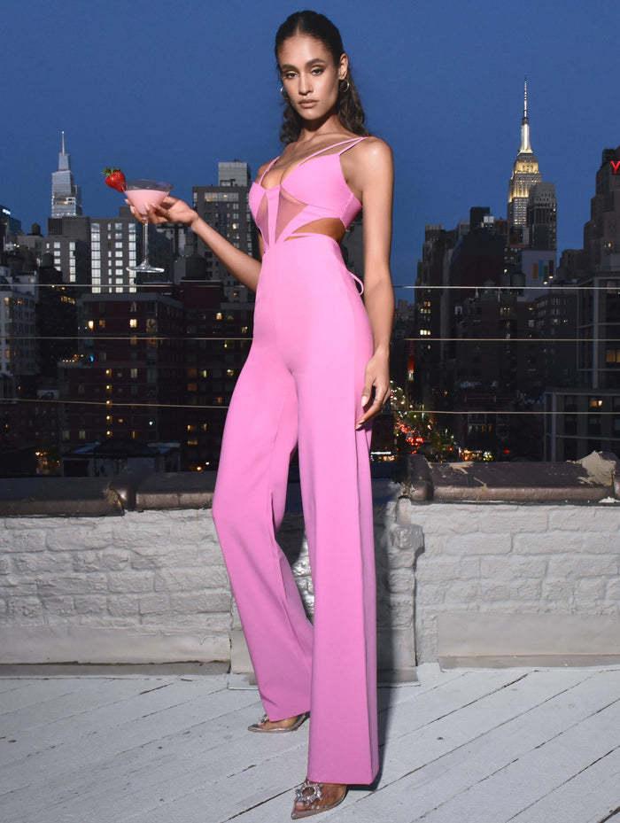 Pink slim straight long jumpsuit