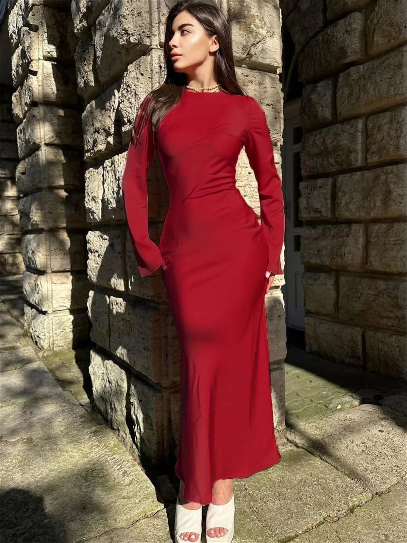 Solid High Waist Fashion Maxi Dress For Women Long Sleeve Patchwork Slim Elegant Party Dress Autumn Female Long Dress