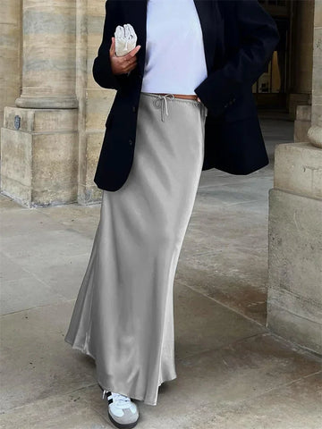 High Waist Lace-Up Long Skirt Women Casual Solid Patchwork Satin Elegant Maxi Skirt Fashion Patchwork Women's Long Skirt