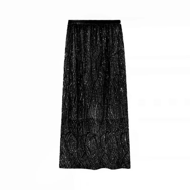 Fashion Sequins Straight Fairy Black Long Skirts for Women High Waist Summer Patchwork Split A-line Wrap Skirt Korean Style