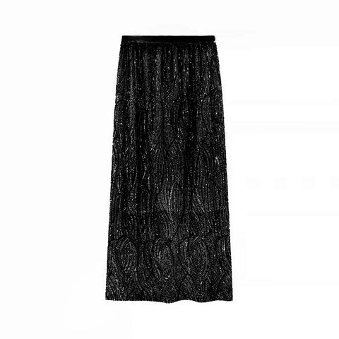 Fashion Sequins Straight Fairy Black Long Skirts for Women High Waist Summer Patchwork Split A-line Wrap Skirt Korean Style