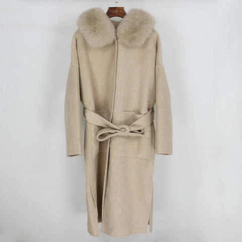 New Oversize Loose Cashmere Wool Blends Real Fur Coat Winter Jacket Women Natural Fox Fur Collar Hood Outerwear Belt