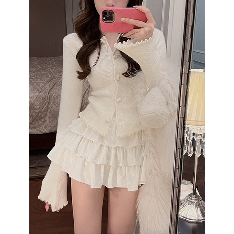 Spring Red Knitted Cardigan Women Long Sleeve Slim Sweater Office Lady Outwear Y2k Crop Tops Female Korean Fashion Clothing