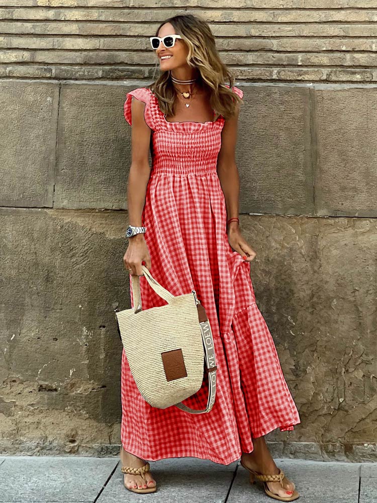 Elegant Square Collar Plaid Summer Dress Women A-line Elastic Khaki Ruffled Dresses Beach Party Sleeveless Maxi Dress