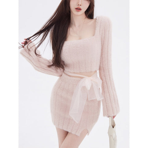 Autumn Sweater Knitted Suits Female Elegant 2 Piece Dress Korean Fashion Even Party Y2k Mini Dress Office Lady Short Skirts