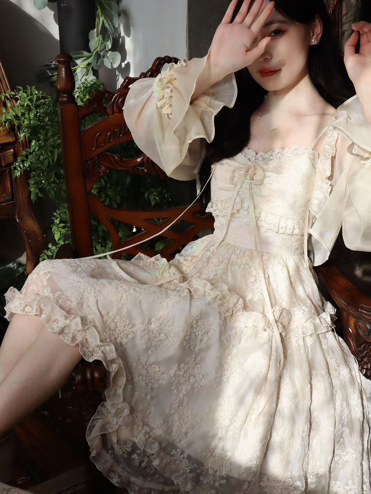 Lace Elegant Sweet Midi Dresses Women Japanese Kawaii Fairy Vintage  Dress Female Casual Cute Vintage Strap Dress Summer