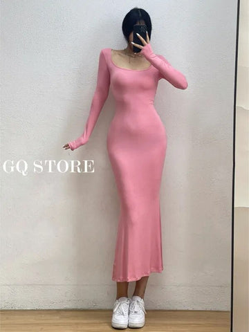 Sexy Square Collar Long Sleeve Fishtail Dress Tight Figure Wrap Hip Super Long Dresses Fashion Korean Tops