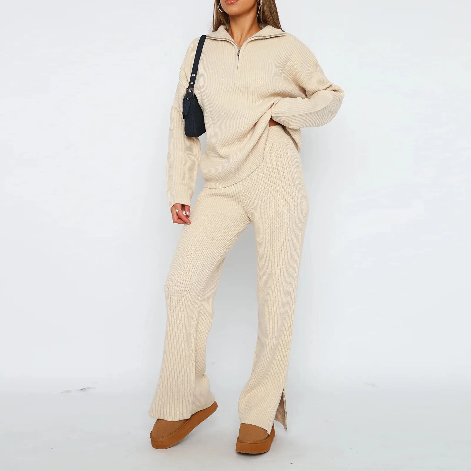 Women's trouser suits spring and autumn long sleeved sweaters short zipper stand collar casual street clothes Cosy Pants Set