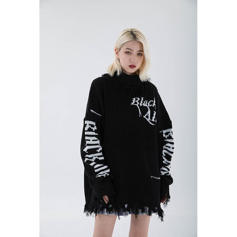 Women Street Black Knitting Sweater Letter Printing Round Neck Long Sleeves Casual Vintage High Street Baggy Tops Ladies Autumn