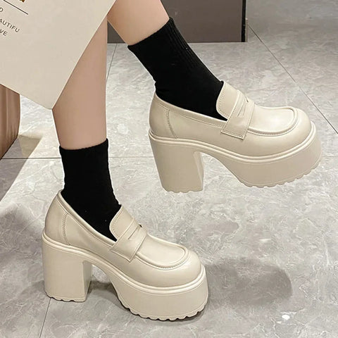 Black White Chunky Platform Loafers Women Autumn Thick High Heel Pumps Woman Slip On Pu Leather Goth Shoes Female