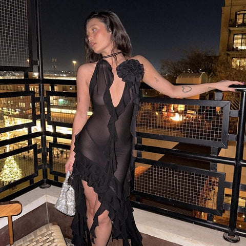 Sexy Ruffles Fairy Dress Women Fashion Mesh See Through Mini Bodycon Dress Summer Irregular Beach Party Club Outfits
