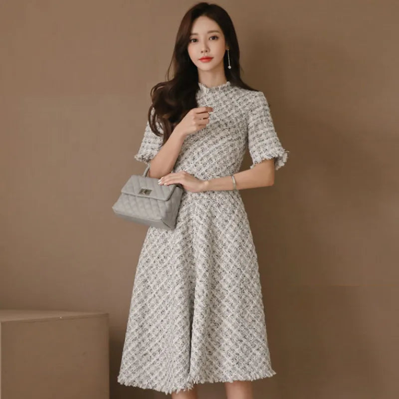 Fashion Korean Elegant Midi Tweed Dress Women Luxury Chic Casual Plaid Slim Gown Robe Femme Ladies Female Mujer Party Vestidos