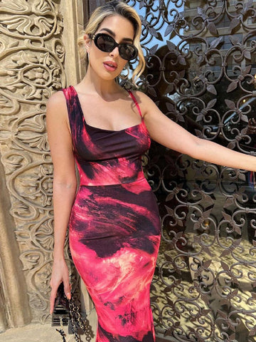 Sexy Vintage Print Female Sling Long Dress Square Collar Sleeveless Backless Dresses Summer Ladies Beach Vocation Vestidos