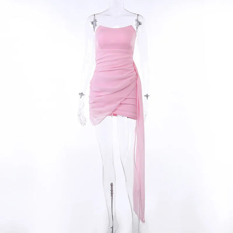 Solid color sexy long ribbon Mini dress ladies summer strapless sheath dress Sisterly temperament party dress short skirt