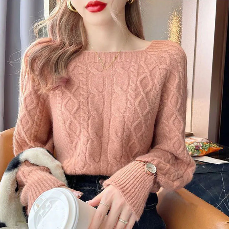 Casual Knitted Sweater Women Pullover  Autumn Winter Soft Thick Warm Wool Jumper Female All-Match Square Collar Sweaters