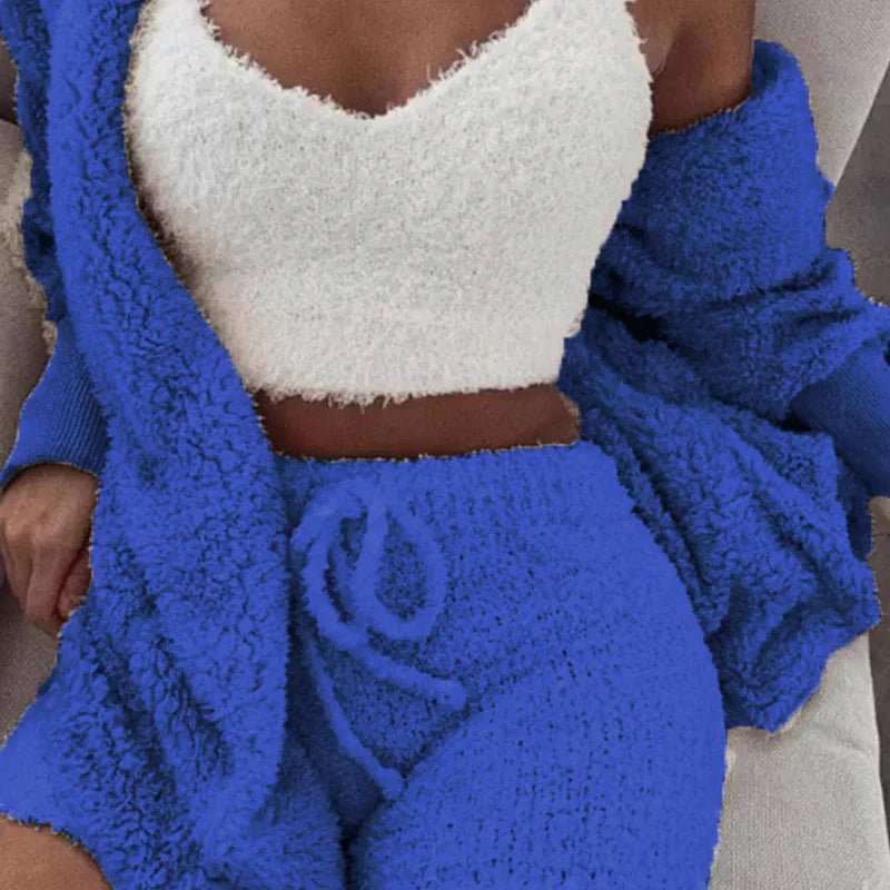 Women's Comfortable Knit Pajama Set Crop-top with V-neck Winter Plush Loungewear Casual 3-Piece Set Long Sleeve Shorts Sports