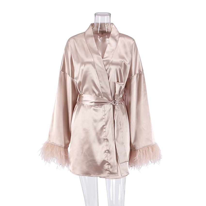 Feather Bathrobes Satin Sexy Mini Dress Long Sleeve Loose For Women Robe White Wedding Dress Black Bride Dresses