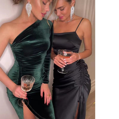 Solid Long Sleeve One Shoulder Ruched Slit Velvet Midi Dress Sexy Party Club Elegant Bodycon Dresses Femme Robe Longue