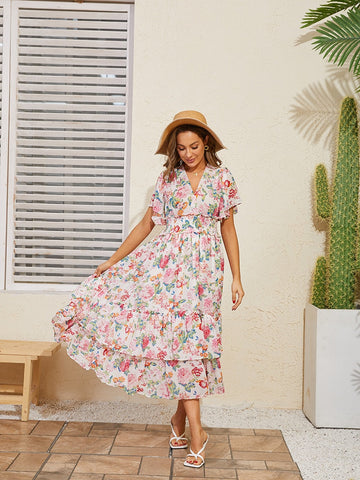 Boho Chiffon Pleated Long Women Dress Sexy Vintage Elegant V Neck Short Sleeve Dress Pink Floral Beach Summer Dress Women