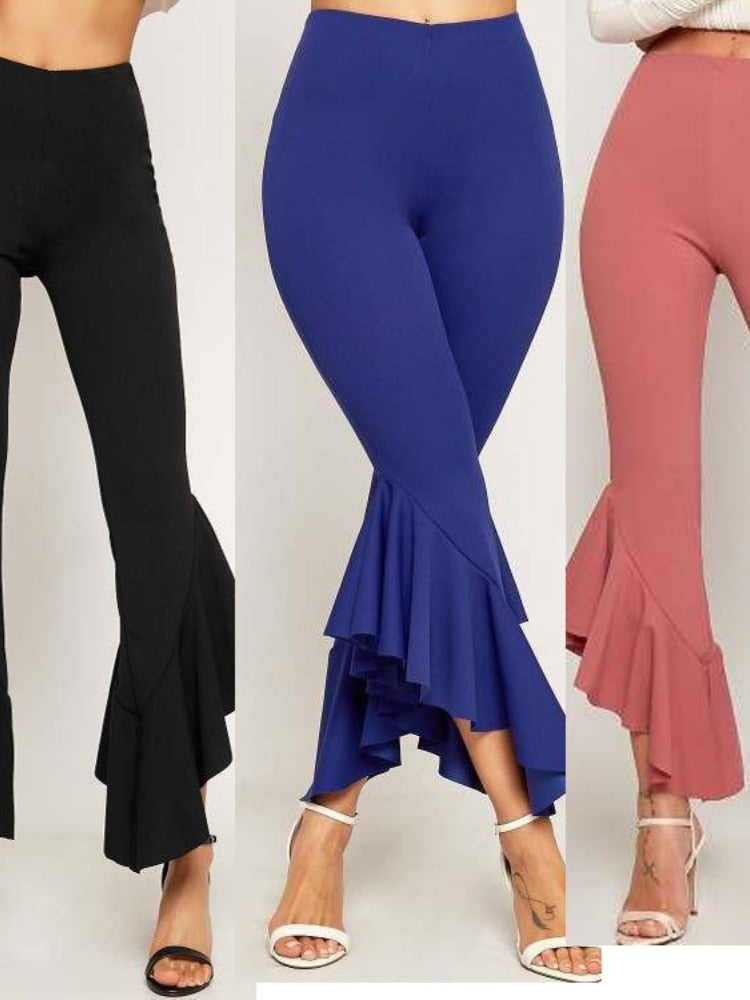 Pbong mid size graduation outfit romantic style teen swag clean girl ideas 90s latina aestheticWomen Pants Elastic Flared Trousers Ruffles Solid Black Blue Pink Elegant Bodycon Summer Fashion Female Casual Bell Bottoms New