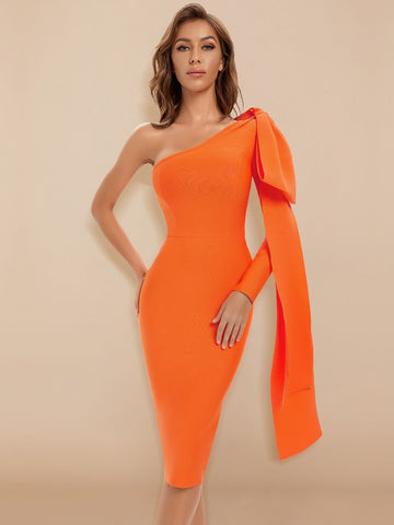 Pbong  mid size graduation outfit romantic style teen swag clean girl ideas 90s latina aestheticBodycon Women Dress  Sexy One Shoulder Long Sleeve Orange Black Blue Bow-Knot Wedding Evening Party Dresses Vestido