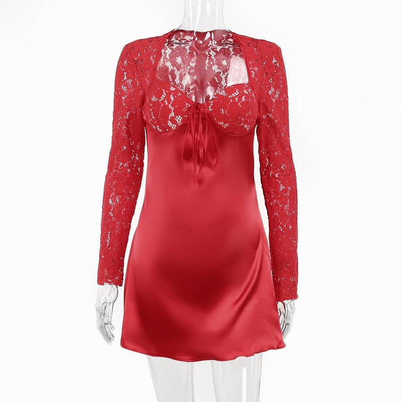 Lace See Through Sexy Long Sleeve Red Mini Dress Women Summer Elegant Bandage Slim Outfit Ladies Party Club Vestido