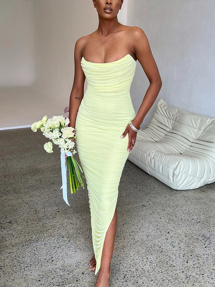 Elegant Mesh Strapless High Split Maxi Dress For Women Robe Fashion Backless Sleeveless Bodycon Club Party Long Dress