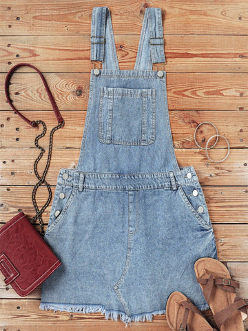 Women's Frayed Hem Adjustable Strap Denim Overall Dress Classic Casual Mini Jean Dresses Pocket Sleeveless Suspender Short Skirt