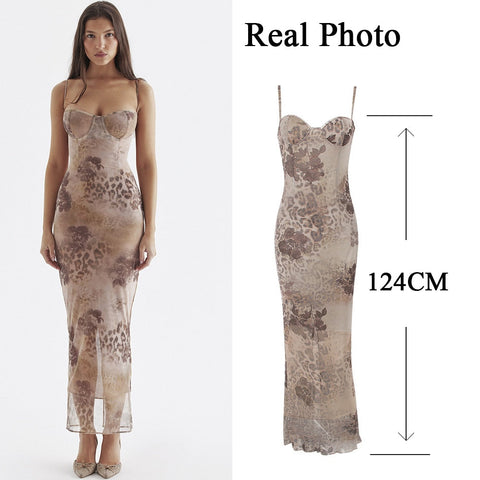 Sexy Elegant Spaghetti Strap Floral Print Maxi Dress Lace Up Bodycon Prom Party Dresses Backless Women Formal Dress