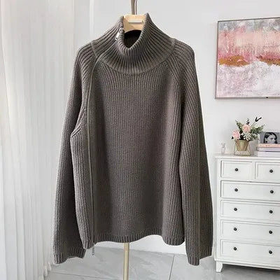 autumn and winter new 100% pure cashmere cardigan women's high neck mid-long zipper sweater loose knit coat