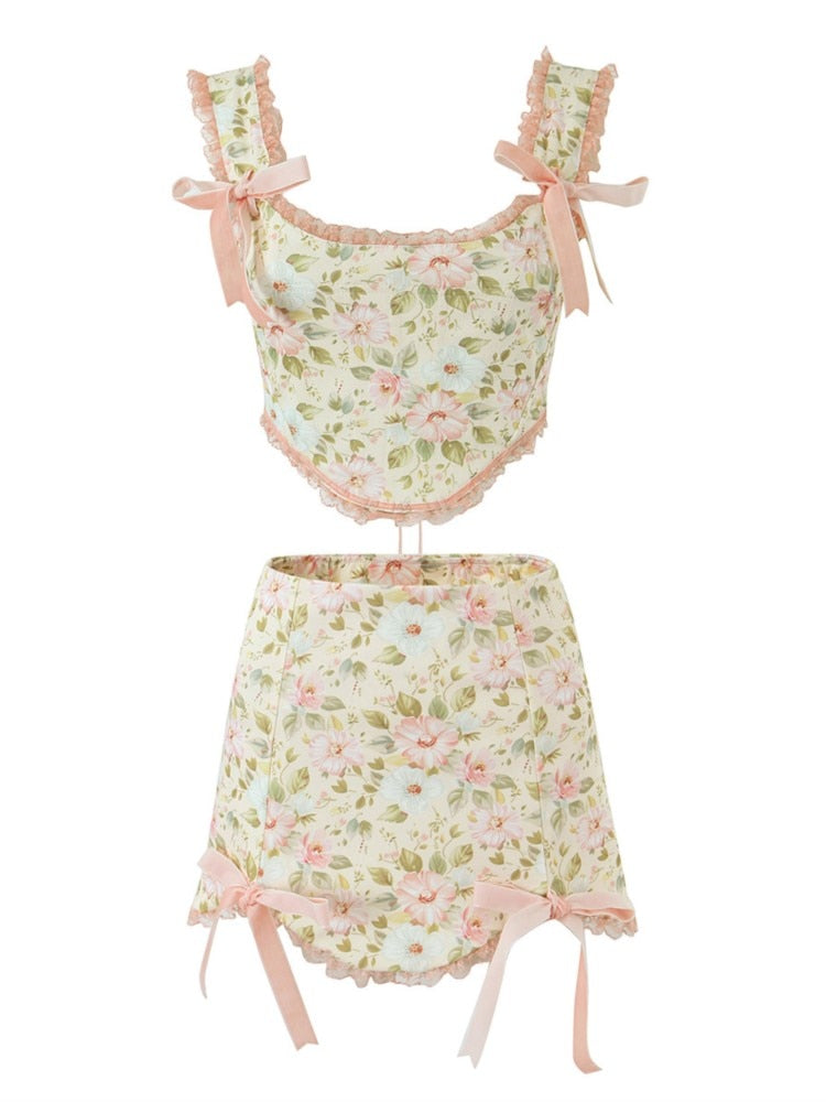 Sexy Floral Print Bow Cross Lacing up Back Corset Wood ears Crop Top + High Waist Ribbon Asymmetric Mini Skirt 2 pieces 1 set