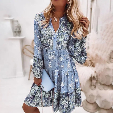 Women Floral Print Dress Oversize Elegant Pleated Long Sleeve Casual Dresses Female V Neck Loose Bohemian Beach Holiday Dresses