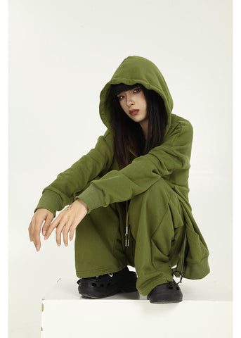 Women's Green Zipper Hoodie Long Sleeves Casual Baggy Wide Leg Long Pants Two Piece Set Vintage Sports Style Suit Ladies