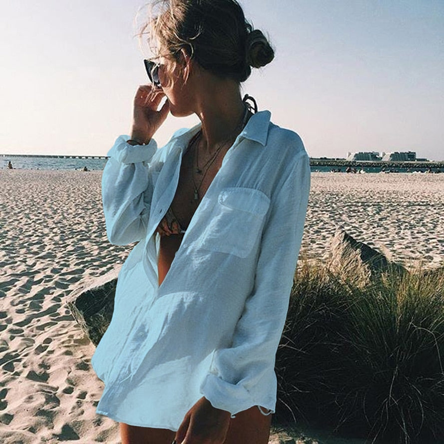 Pbong mid size graduation outfit romantic style teen swag clean girl ideas 90s latina aestheticWhite Tunic Bikini Cover-ups Sexy Summer Beach Wear Swim Suit Cover Up Causal Women Tops saida de praia pareo Q1069