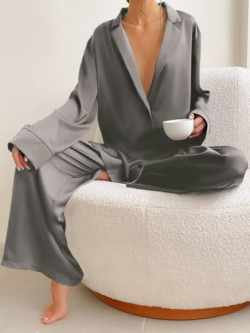 Oversized Satin Silk Sleepwear Low Cut Sexy Pajamas For Women Single-Breasted Long Sleeves Wide Leg Pants Trouser Suits