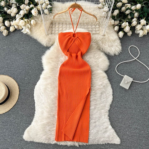 Halter Crochet Bodycone Dress Cut Out Sexy Split Dress Off Shoulder Backless Knit Beach Vestido Women Vacation Fashion Sundress