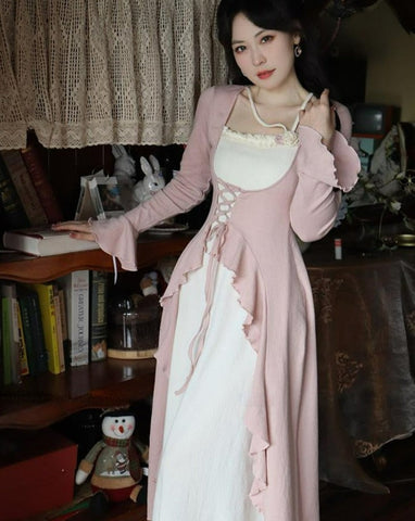 Autumn Sweet Vintage Knitting Dress Women Ruffles Designer Korean Party Midi Dress Female Flare Sleeve Kawaii Elegant Dress