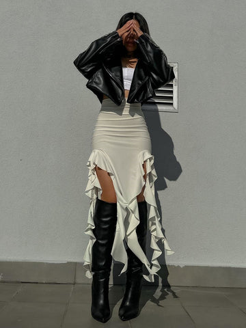 Tassel Summer Female Long Skirt Ruffled High Waist Broken High Split Fashion Pleated Sexy Solid Patchwork Maxi Skirt