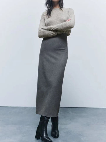Elegant Women Solid Slim Dress Autumn New Female Simplicity Design Long Dress Fashion Rear Split Sleeveless Dress