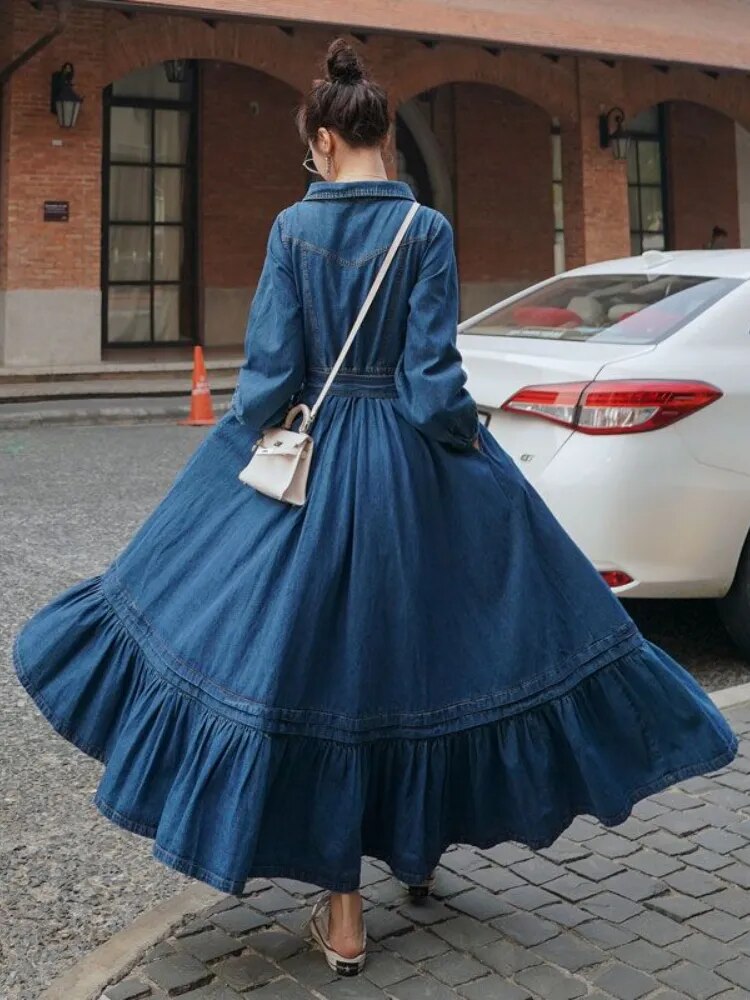 Dresses for Women Autumn Winter Fashion Versatile Women's Clothing French Retro Denim Robe Solid Large Skirt Hem Long Dress