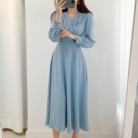 Harajuku V-neck Puff Sleeve A-line Maxi Dresses for Woman Women Solid Color Midi Robe Korean Office Dresses Elegant Spring