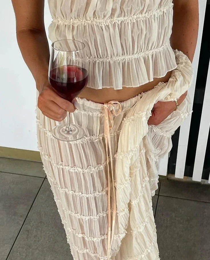 Fashion Solid Hang Neck Long Skirt Suit Women Backless Sling Top Lace Up Fold Maxi Skirts Spring Summer Female 2 Piece Set