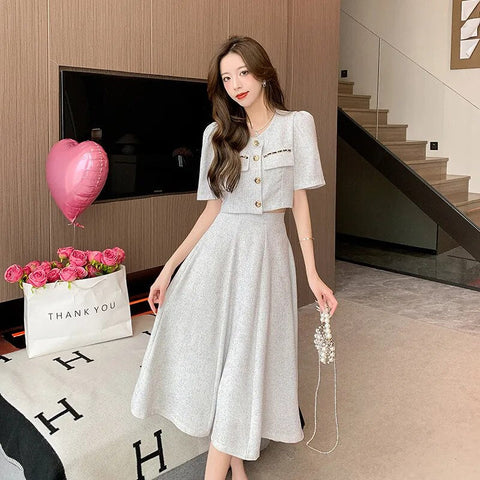 Small Fragrant New Summer Fashion Korean Sweet Elegant 2 Piece Set Women Coat Top + Midi Skirt Suits Womens Two Peice Sets